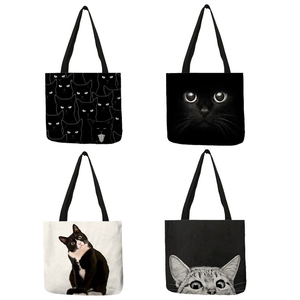 Fabric Foldable Shopping Bags For Groceries Cute Black Cat Print Tote ...