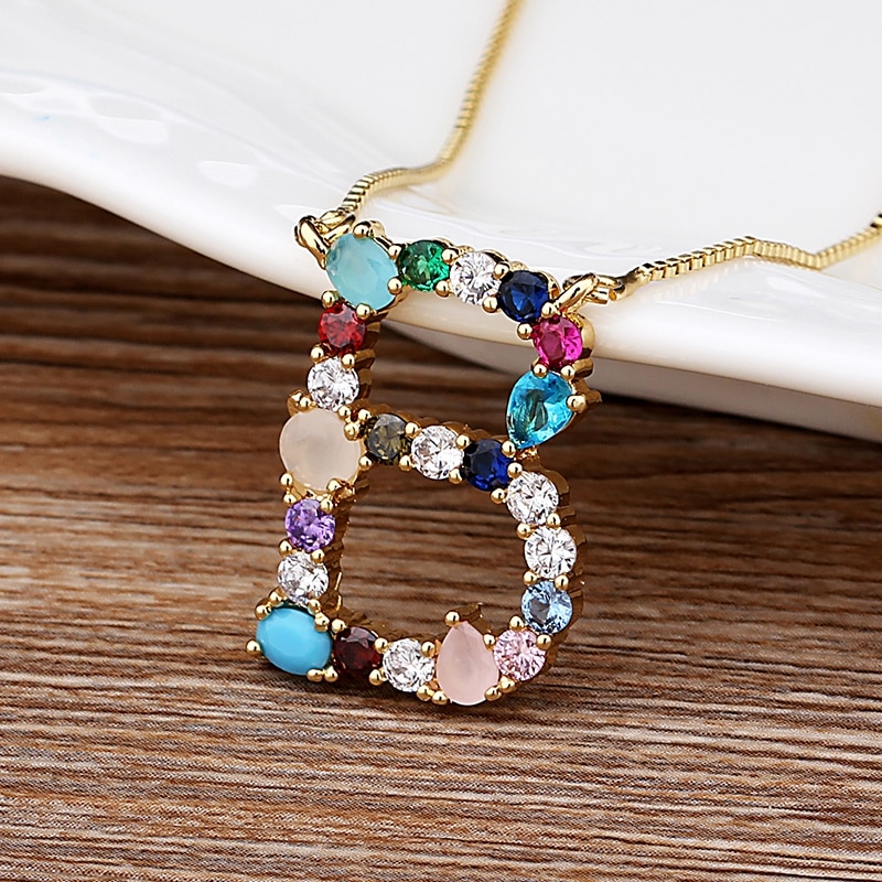 New Arrival Hot Sale Personal Name Letter Necklace Rainbow CZ Initials Alphabet Women Girls Gorgeous Family Jewelry Gift