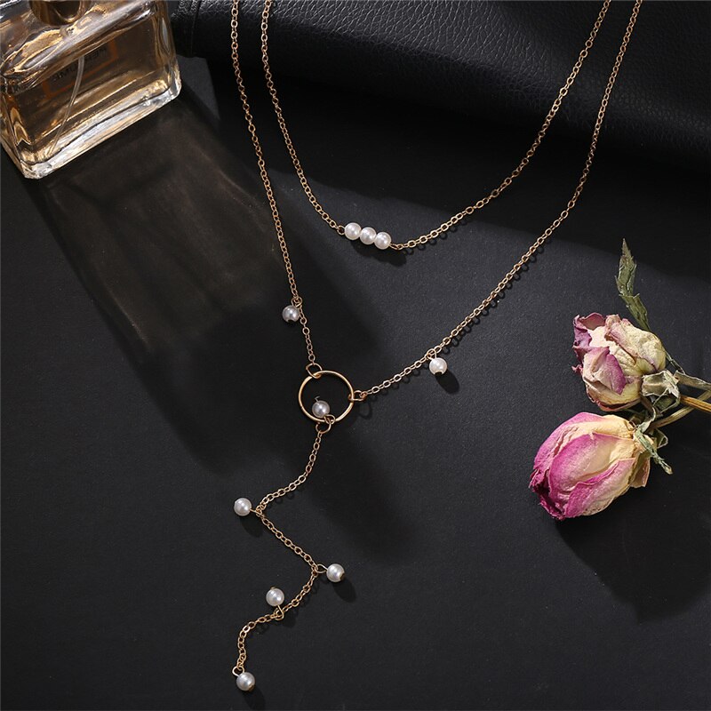 IF ME Vintage Multilayers Long Chain Pearl Pendant Necklaces for Women Gold Color Boho Chain Choker Necklace Trendy  Jewelry